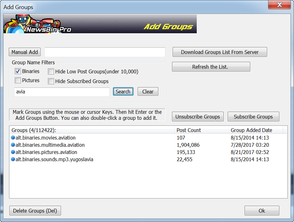 Adding Groups to Newsbin Pro