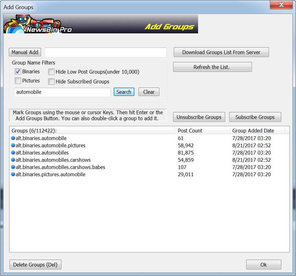 Add Groups to Newsbin